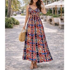 Angie Geometric Abstract Print Maxi Dress Womens Small Multicolor Strappy Back